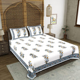 Jaipuri Azure Bloom Hand Block Print Double Bedsheet - Pure Cotton Floral Design with 2 Pillow Covers
